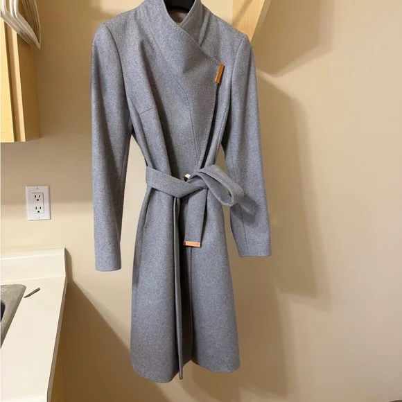 Ted Baker Wool Cashmere trench coat silver gray pink belted size UK2 US 6 - Picture 2 of 9